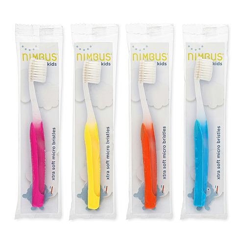 Four individually wrapped Nimbus kids toothbrushes with extra-soft micro bristles