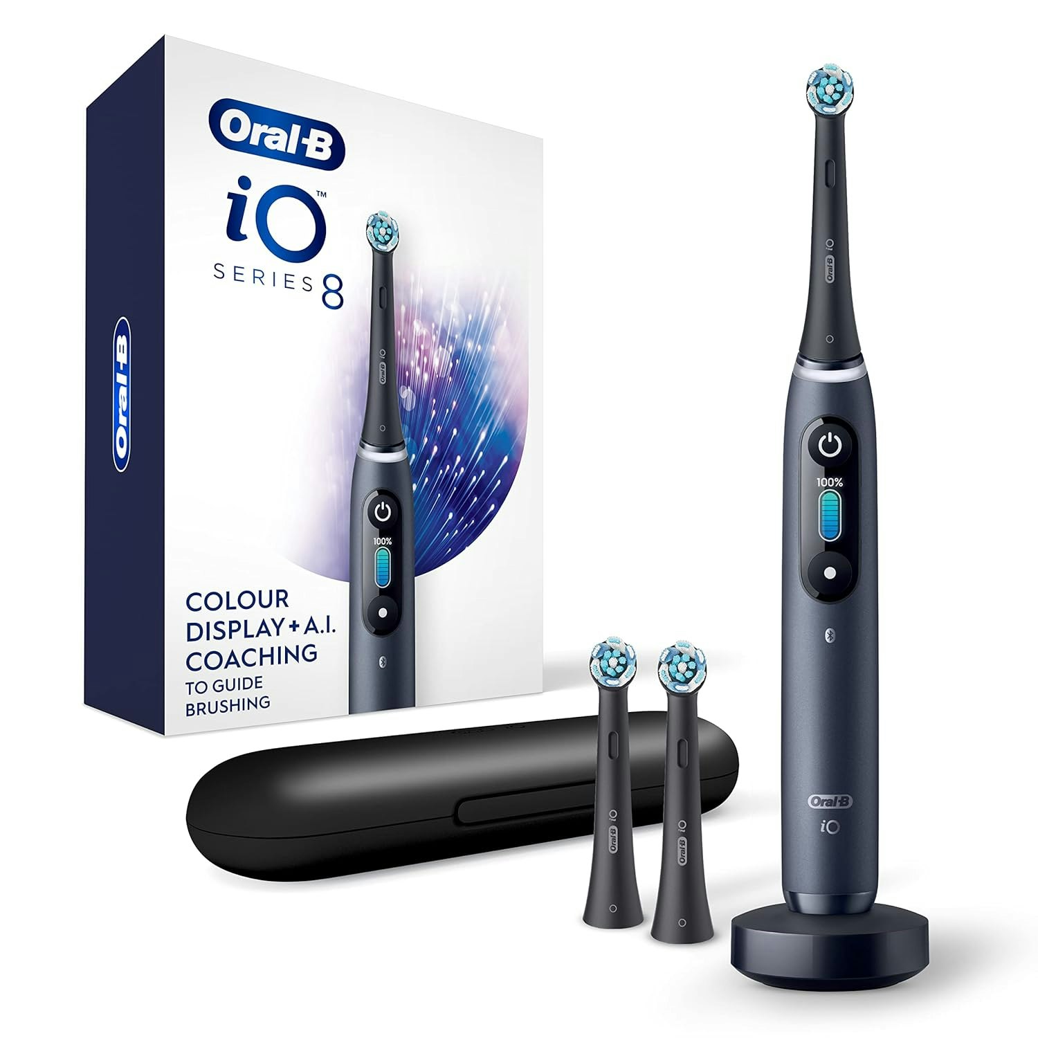 Oral-B iO Series 8 electric toothbrush kit with brush heads and travel case